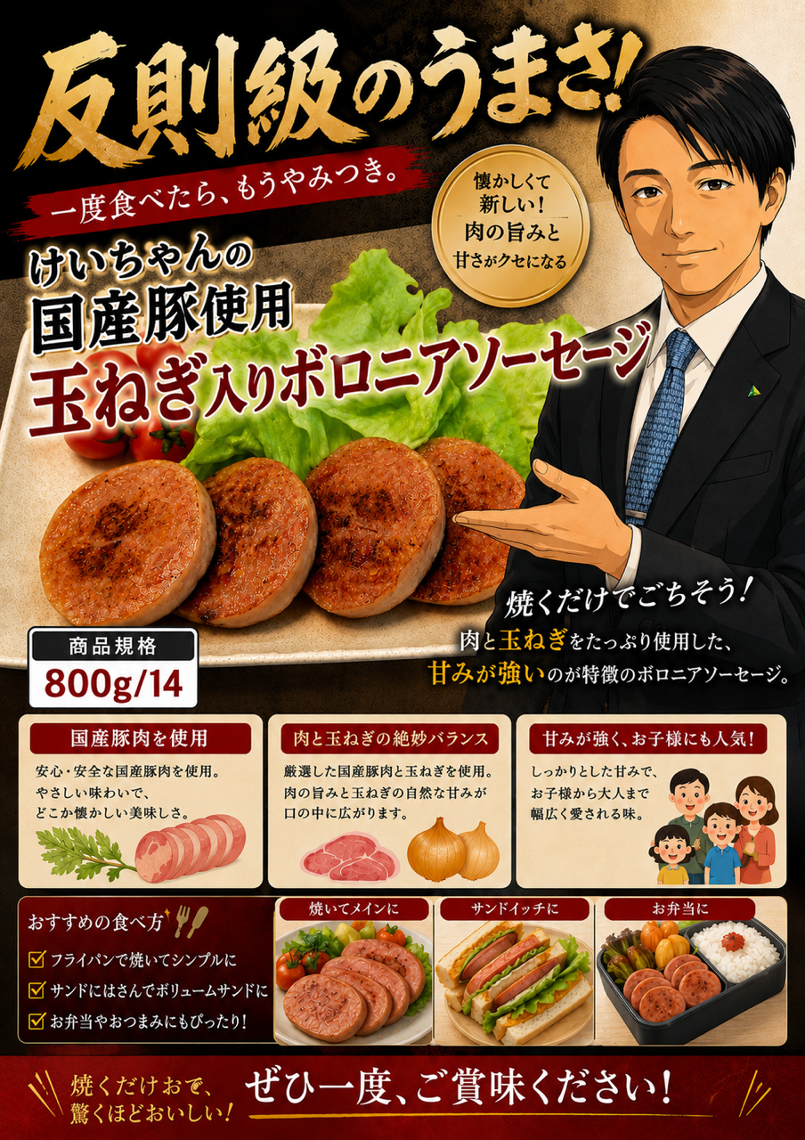 けいちゃんの国産豚使用玉ねぎ入りボロニアソーセージ